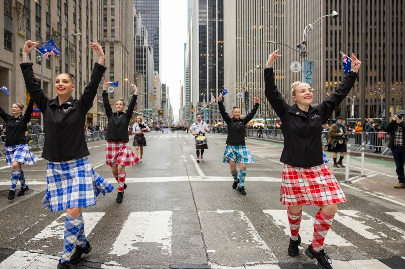 People dancing at the Tartan Day parade in New York