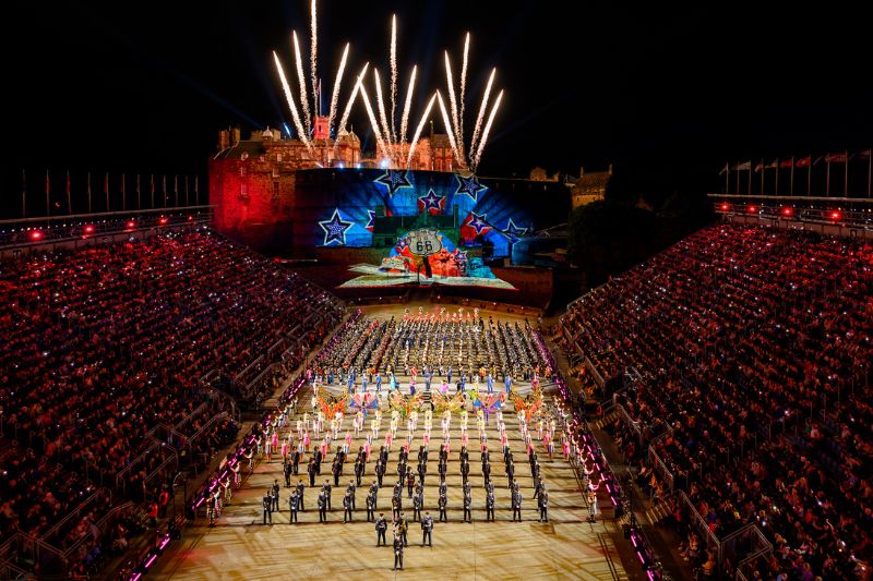 The Royal Edinburgh Military Tattoo showcasing fireworks behind Edinburgh Castle 